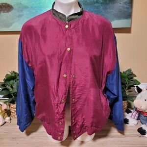 Silk Exchange Womens Bomber Jacket Burgundy Blue 100% Silk‎ Lightweight M